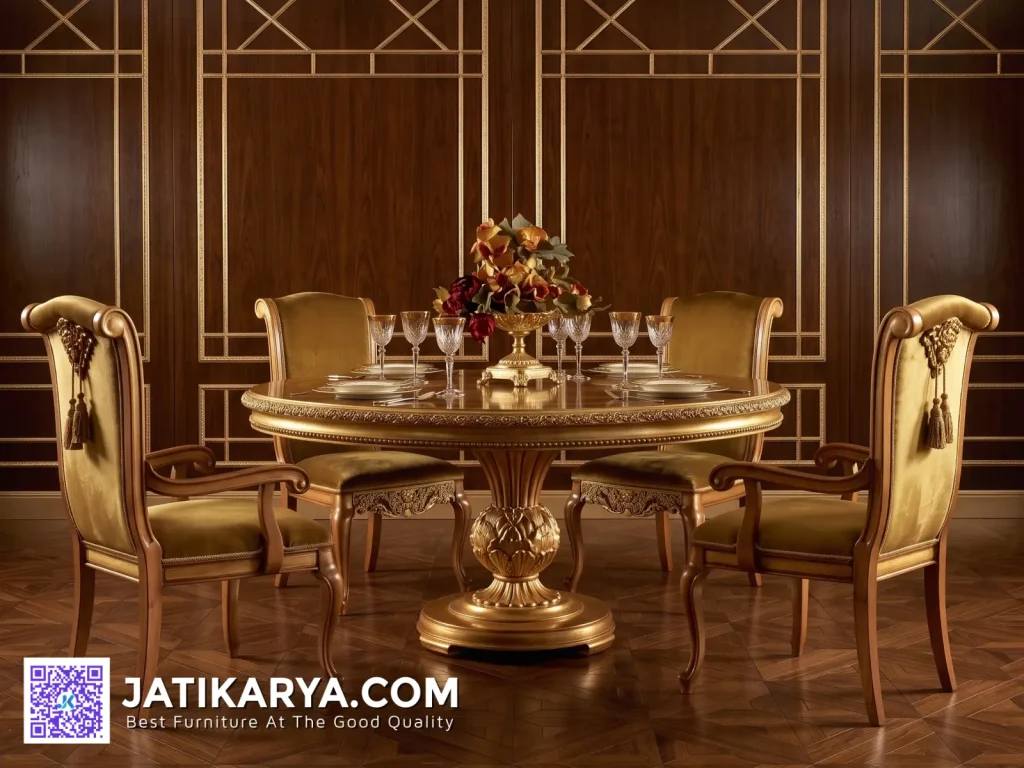 Round Table Dining Set Meja Makan Model Klasik Modern Jepara, Dining set ukiran mewah, meja makan jati Jepara, kursi makan ukiran mewah, harga meja makan jati