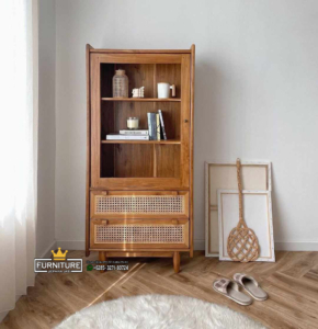 Rak Buku Kayu Jati Minimalis Kombinasi Rotan