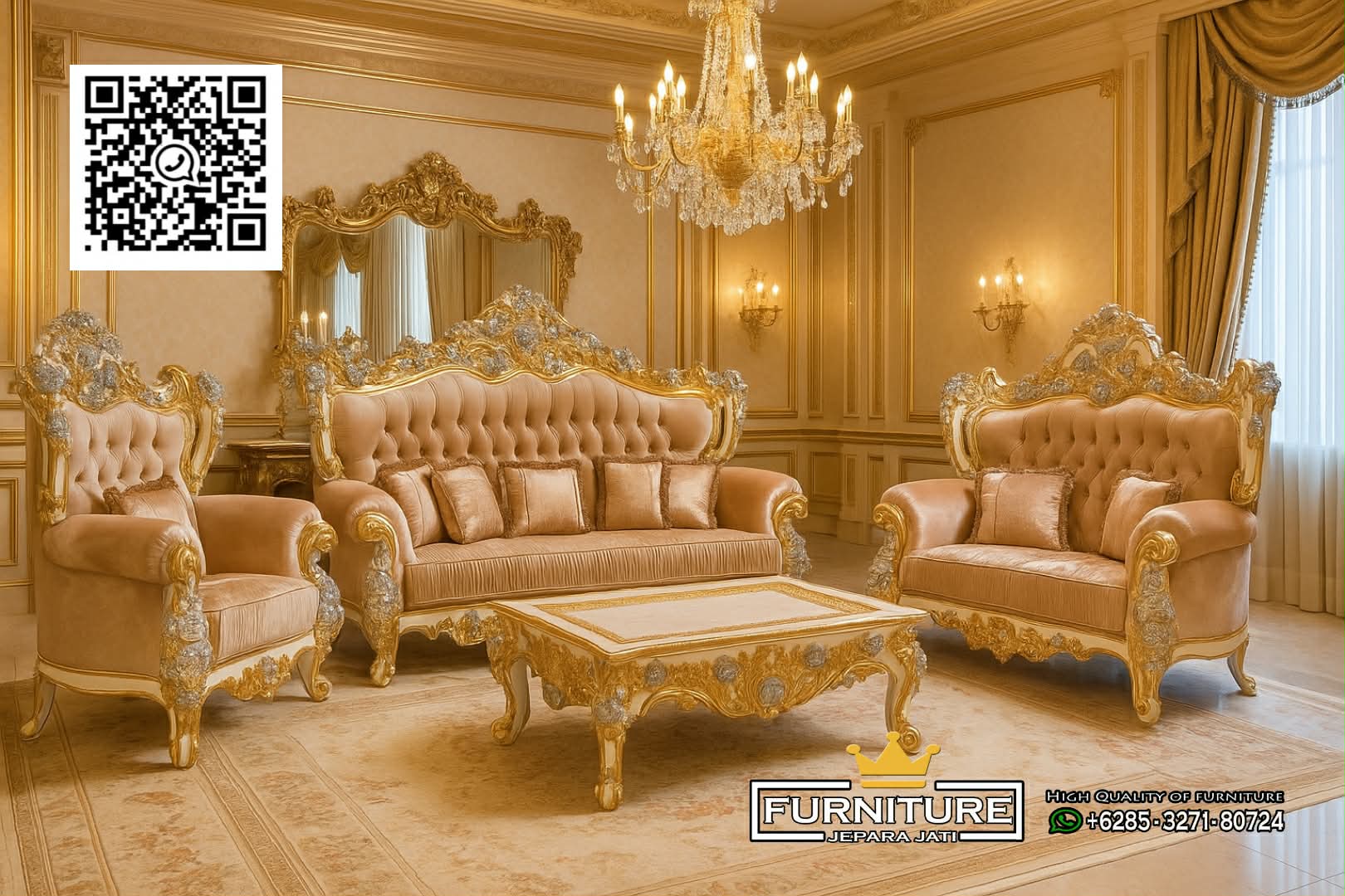 Set Kursi Tamu Ukiran Jepara Mewah Gold Leaf