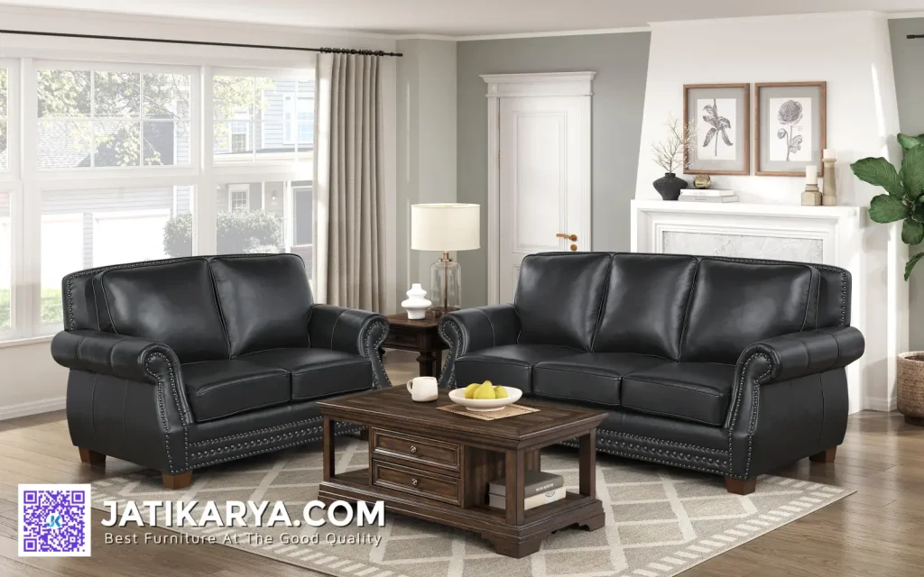 Sofa Tamu Kulit Mewah Kayu Jati Minimalis Jepara