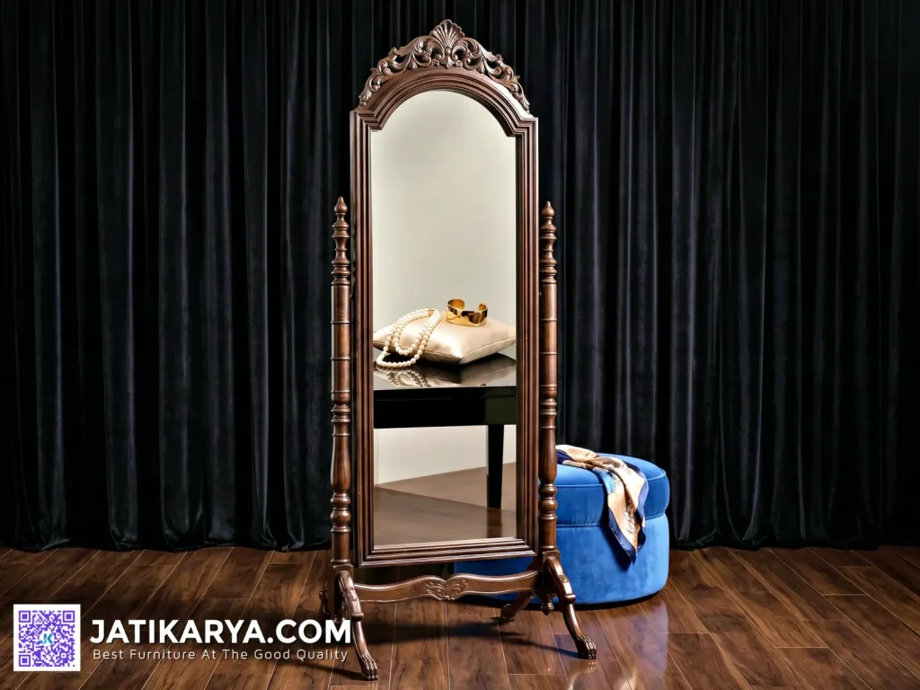 Pigura Cermin Berdiri Goyang Kayu Jati Ukiran, Cermin Dindin, Cermin Hias, Standing Miror, Standing Miror Kayu Jati, Standing Miror Mewah, Standing Miror Terbaru, Standing Miror Ukiran Klasik Jepara