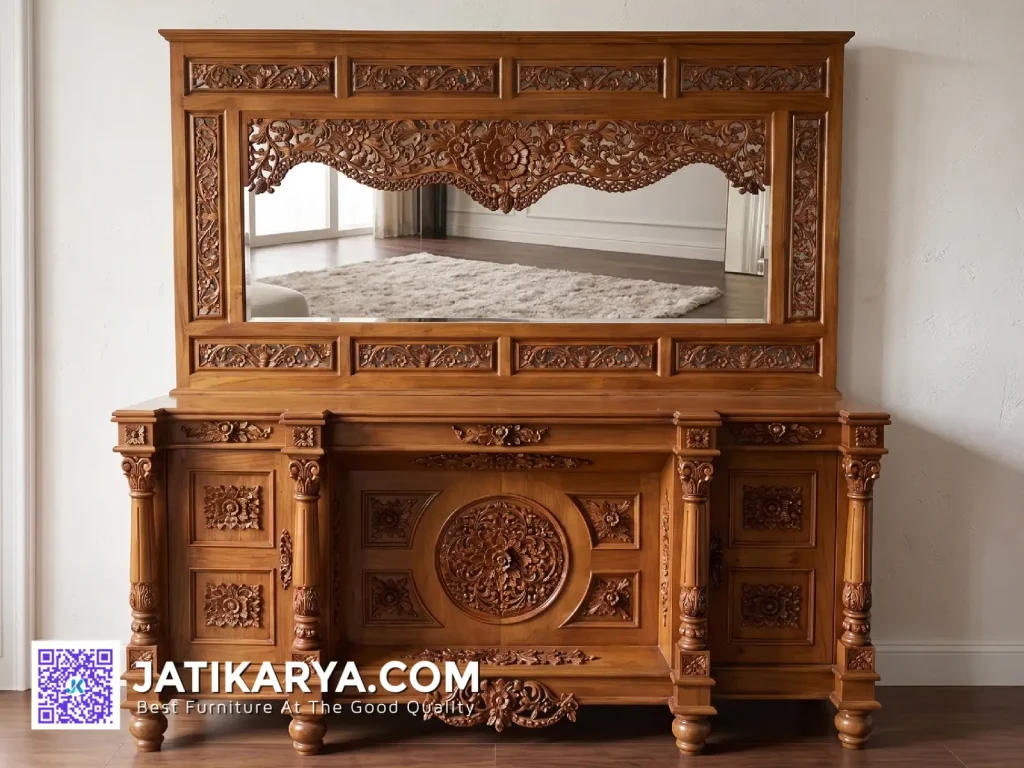Bufet Cermin Ukir Kayu Jati Klasik - Model Bufet Kayu Jati Klasik Set Pigura Cermin