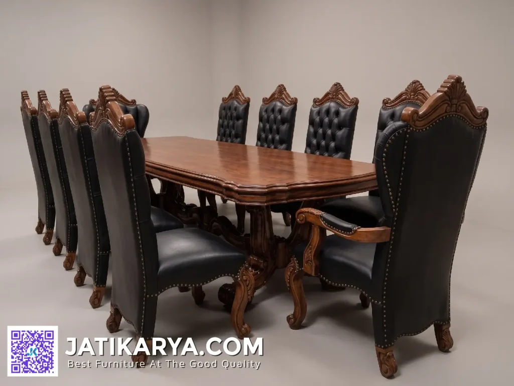 Dining Set Meja Makan Jati Klasik 10 Kursi Kulit Asli