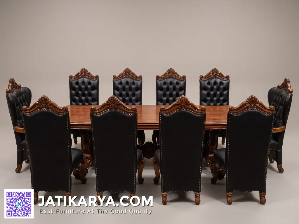 Meja Makan Jati Klasik 10 Kursi Kulit Asli