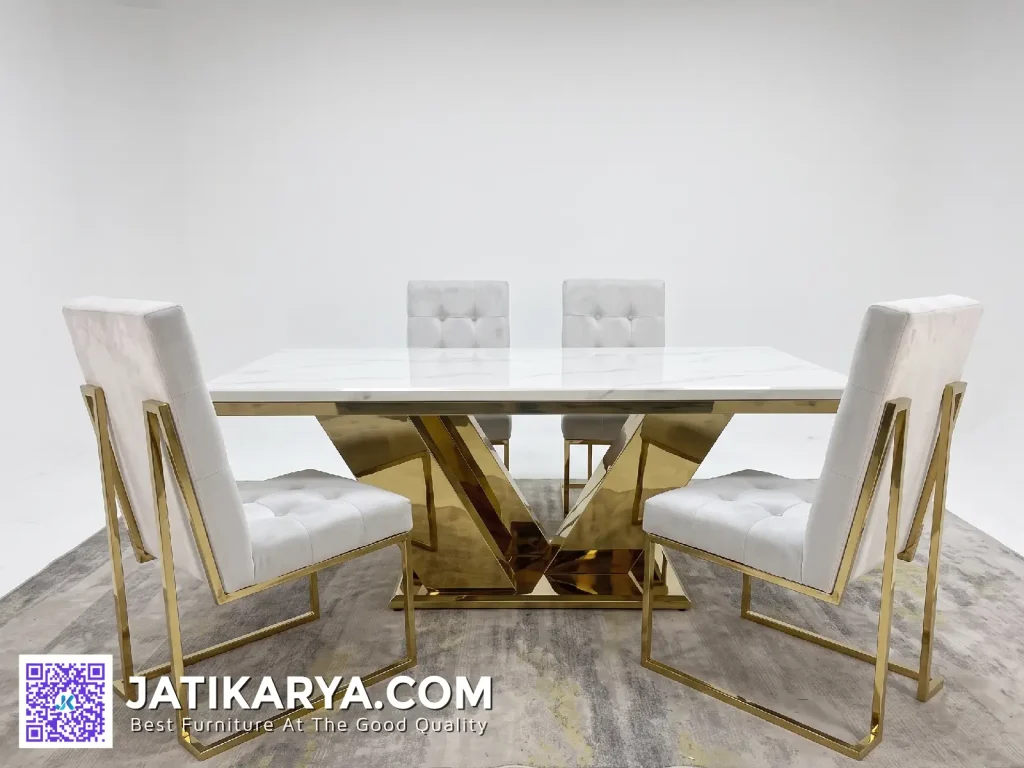 Meja Makan Kaki Stainless 6 Kursi Top Marmer