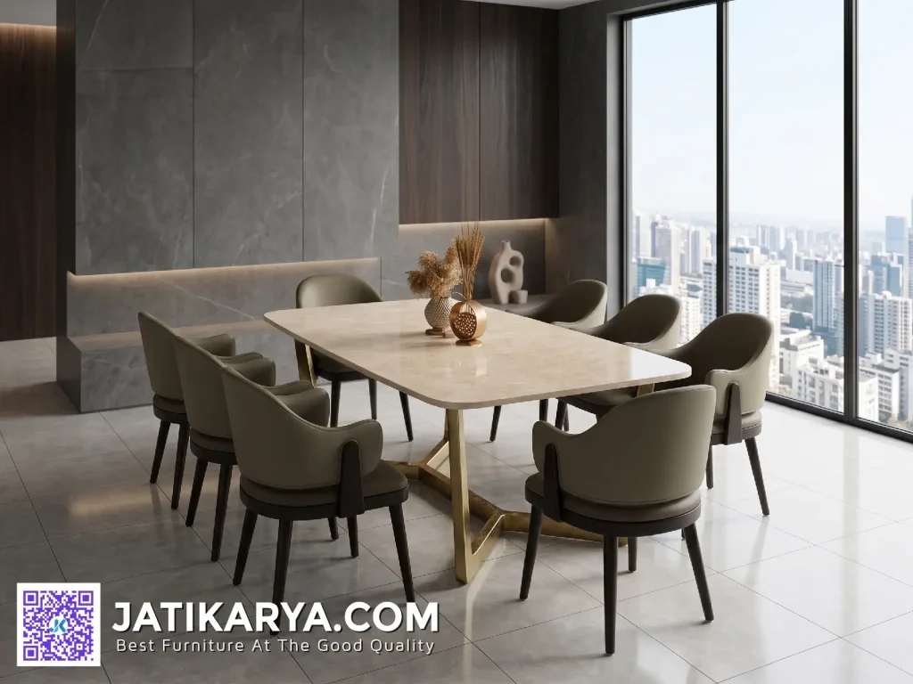 Meja Makan Minimalis Modern Kaki Stainless Steel 8 Kursi