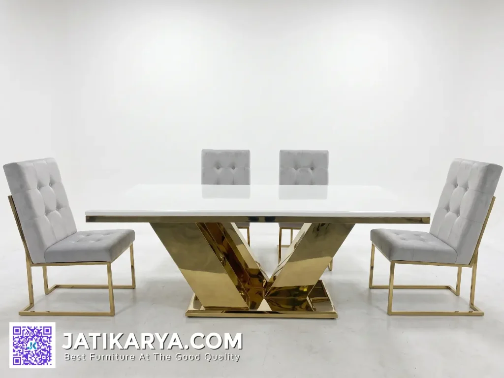 Model Meja Makan Kaki Stainless 6 Kursi Top Marmer