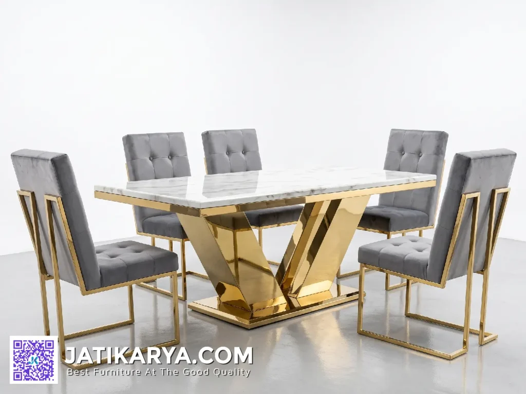 Sale Meja Makan Kaki Stainless 6 Kursi Top Marmer
