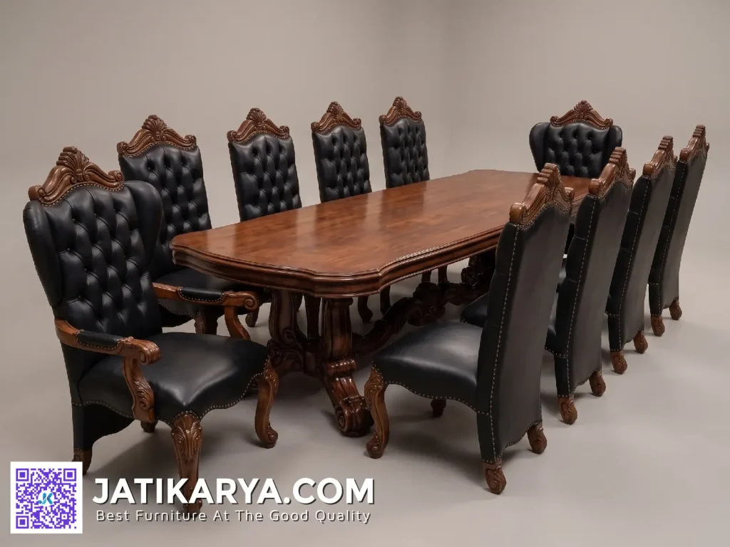 Set Meja Makan Jati Klasik 10 Kursi Kulit Asli