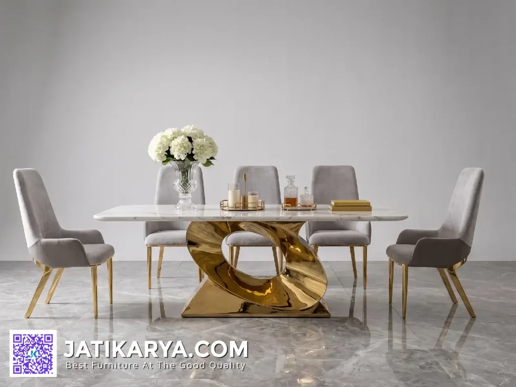 Kursi Meja Marmer Kaki Stainless Dining Set Rumah Kantor Apartemen Produksi Jati Karya Furniture Jepara