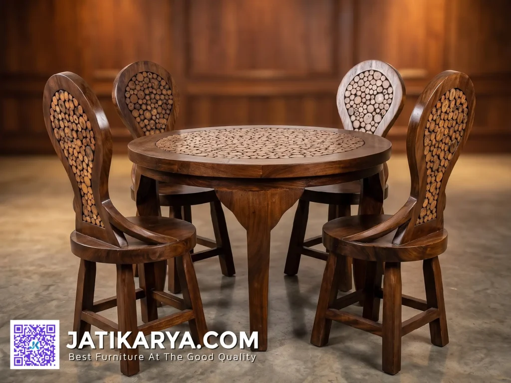 Meja Makan Atik Koin Jati 4 Kursi Kayu Solid Jepara