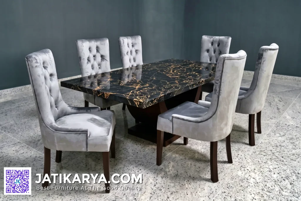 Meja Makan Marmer 6 Kursi Chesterfield