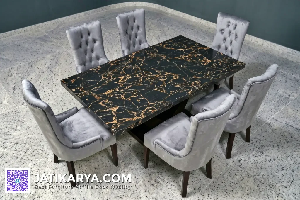 Meja Makan Marmer 6 Kursi Makan Chesterfield