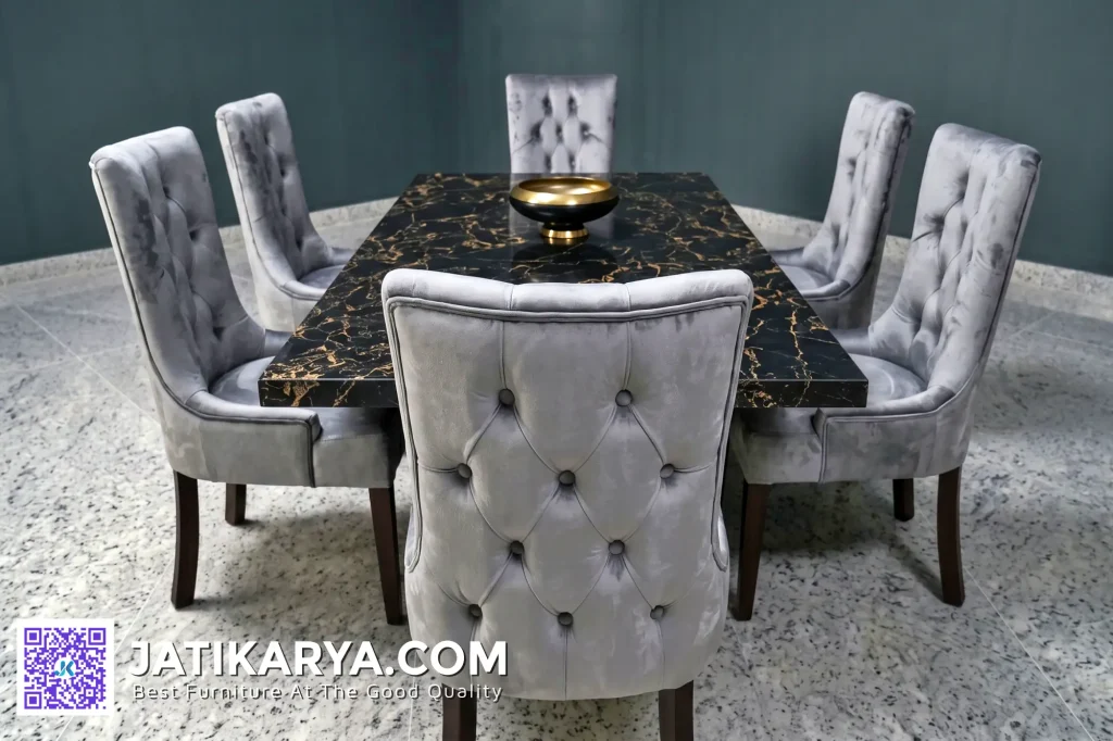 Meja Makan Marmer 6 Kursi Makan Chesterfield Mewah