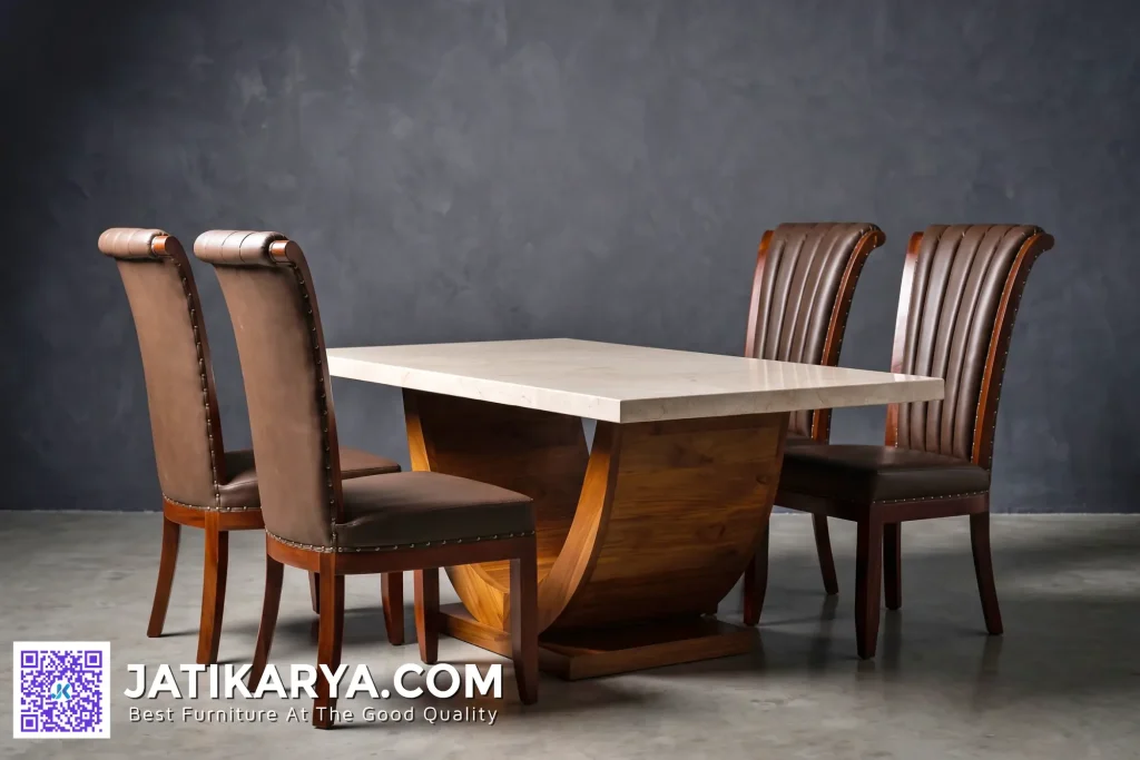 Meja Makan Marmer Kayu Jati Premium 4 Kursi Kulit