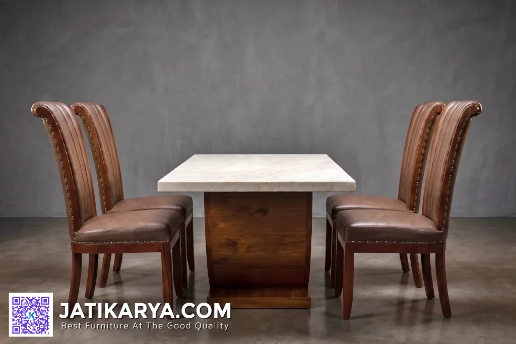Meja Makan Marmer Kayu Jati Premium 4 Kursi Kulit Asli