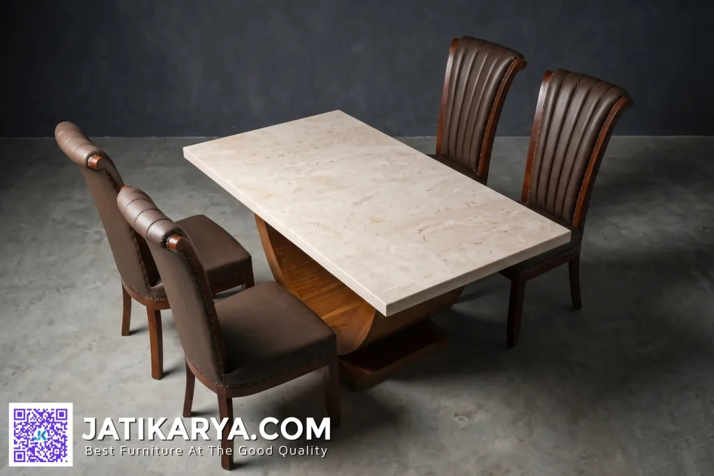 Meja Makan Marmer Kayu Jati Premium 4 Kursi Kulit Sintetis