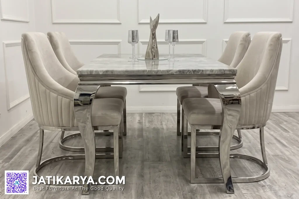 Meja Makan Minimalis Modern 4 Kursi Stainless Silver Mewah