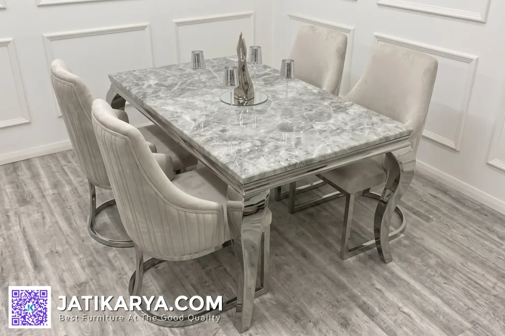 Set Meja Makan Minimalis Modern 4 Kursi Stainless Silver Mewah