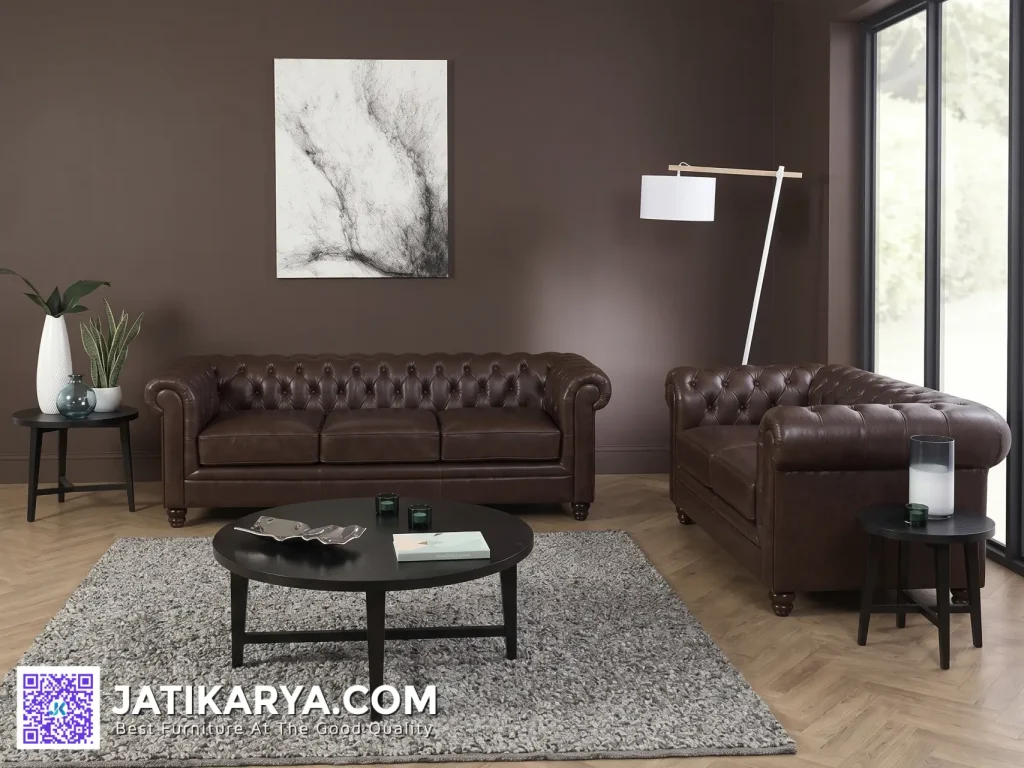 Sofa Tamu Chesterfield Kulit Chestnut Leatherette