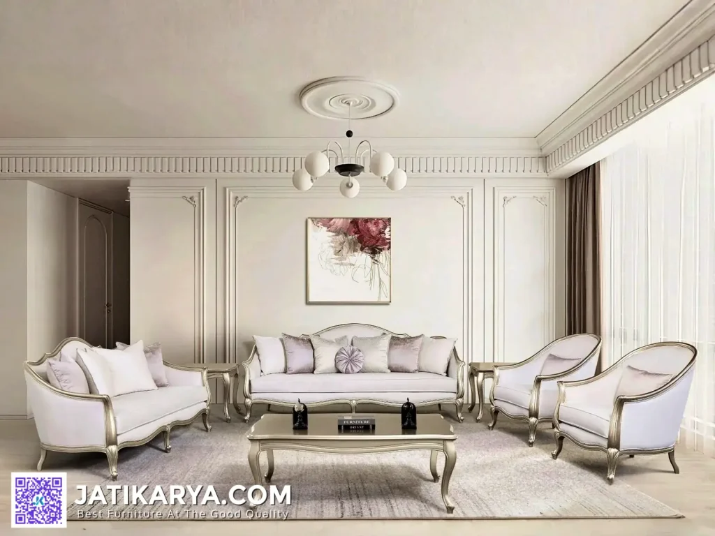 Sofa Tamu Modern Klasik Silver Ukiran Jepara dengan Kenyamanan Modern Hasil ukiran tangan pengrajin Jati Karya Furniture