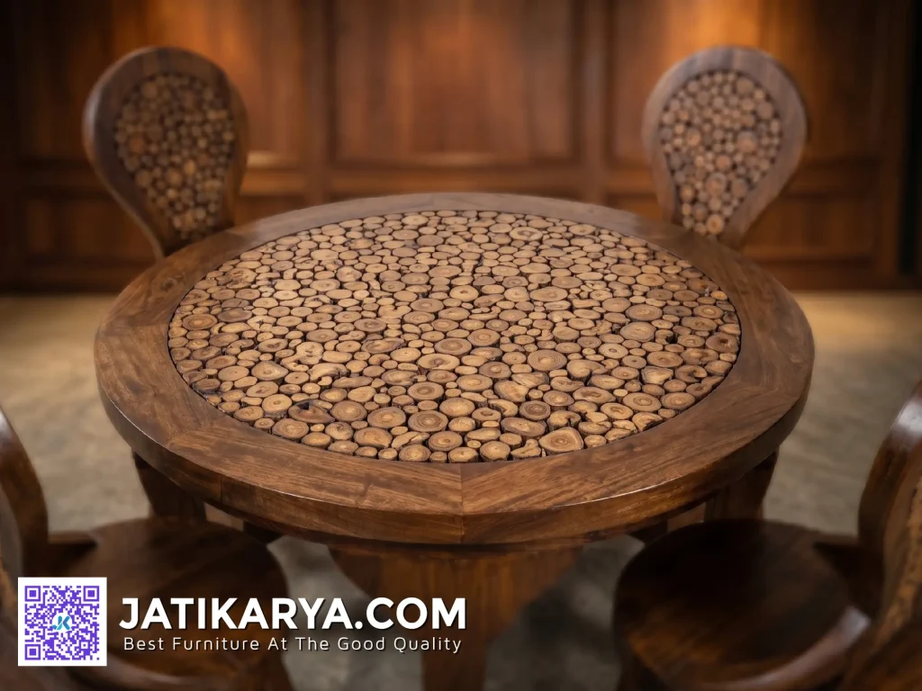 Set Meja Makan Atik Koin Jati Bisa dipesan dengan kaca