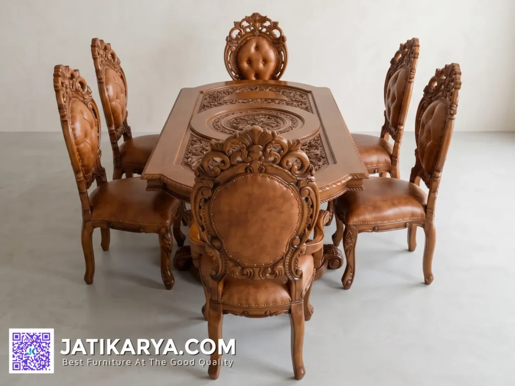 Dining Set Meja Makan Mewah Ukiran Kayu Jati 6 Kursi Ukir Jepara