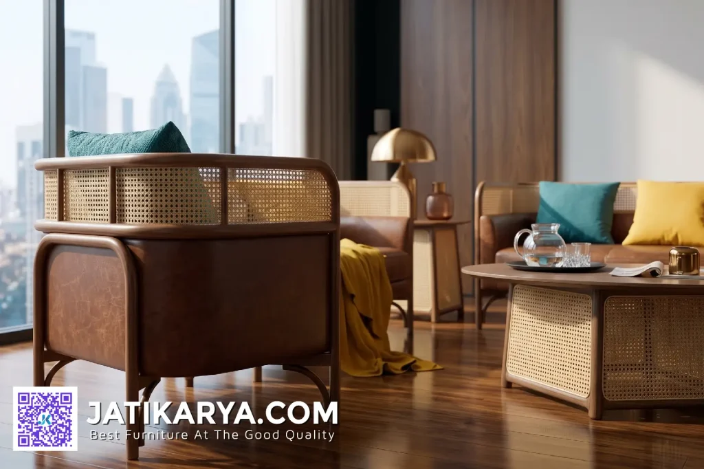 Kursi Kayu Jati Anyaman Rotan Kombinasi Kulit