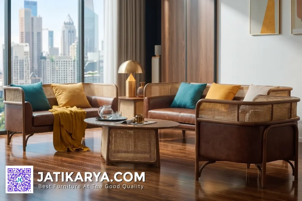 Kursi Tamu Kayu Jati Anyaman Rotan Kombinasi Kulit