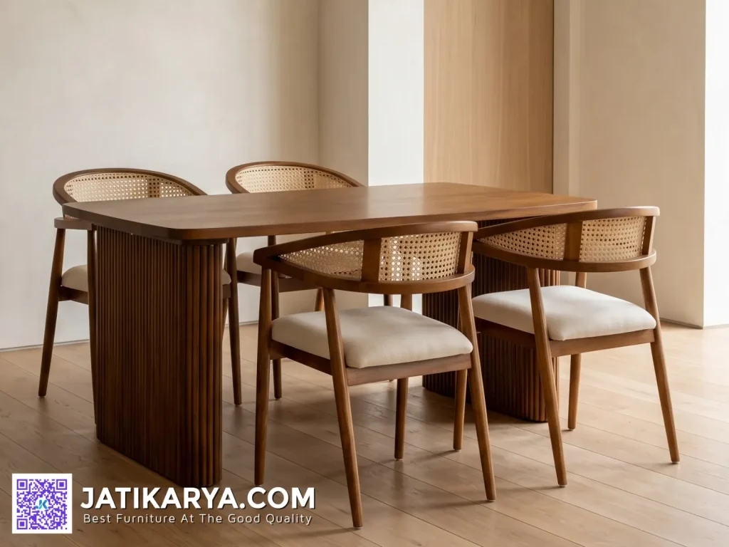 Meja Makan Jati Kaki Salur 4 Kursi Kombinasi Rotan