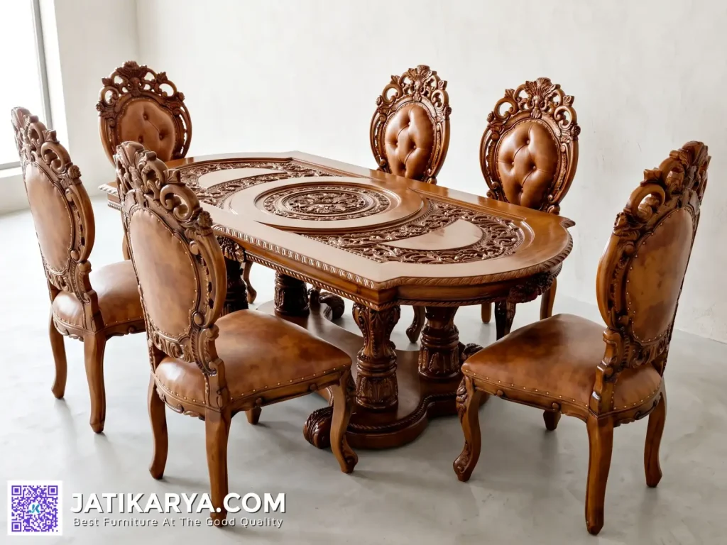 Meja Makan Mewah Ukiran Kayu Jati 6 Kursi Ukir Jepara