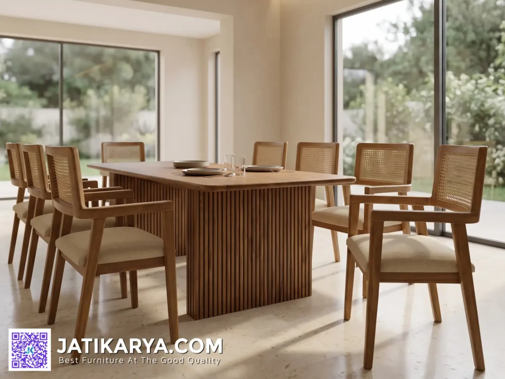 Meja Makan Minimalis Set 8k Jati Mix Rotan