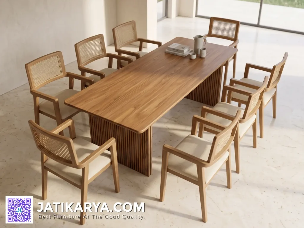 Meja Makan Minimalis Set 8k Jati Mix Rotan Alami