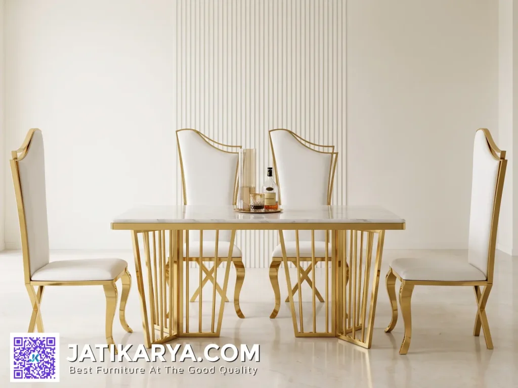 Meja Makan Top Marmer Kaki Stainless Steel Modern Jepara