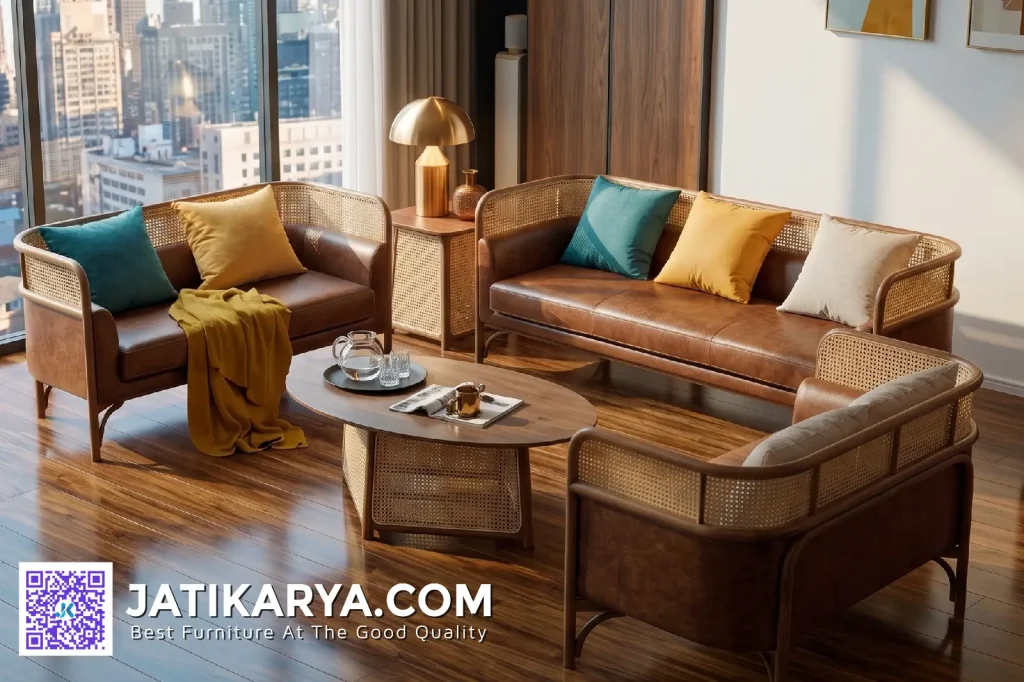 Set Kursi Tamu Kayu Jati Anyaman Rotan Kombinasi Kulit