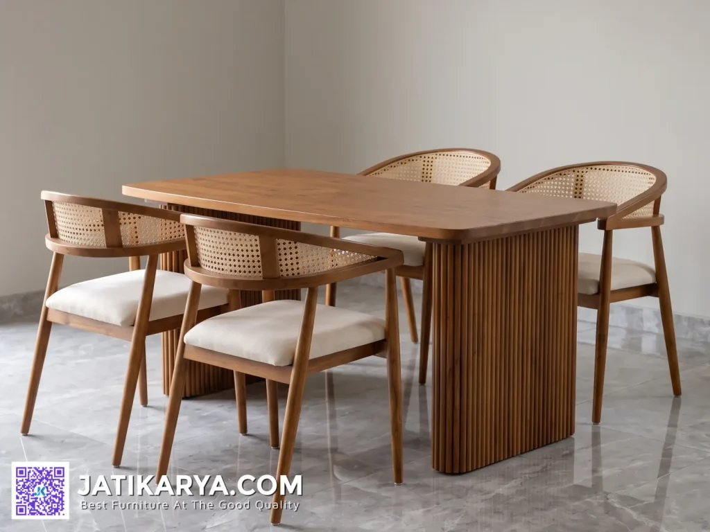 Set Meja Makan Jati Kaki Salur 4 Kursi Kombinasi Rotan