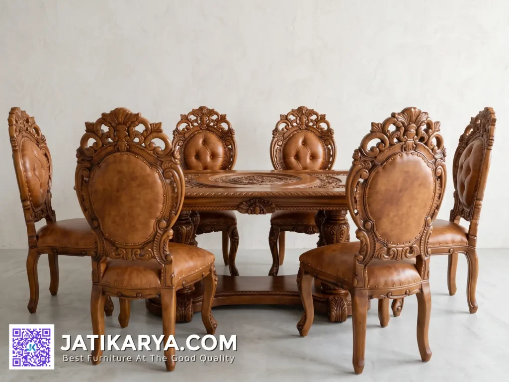 Set Meja Makan Mewah Ukiran Kayu Jati 6 Kursi Ukir Jepara