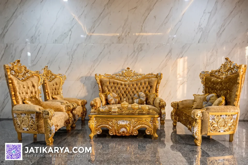 Sofa Tamu Klasik Ukiran Gold Leaf Mewah