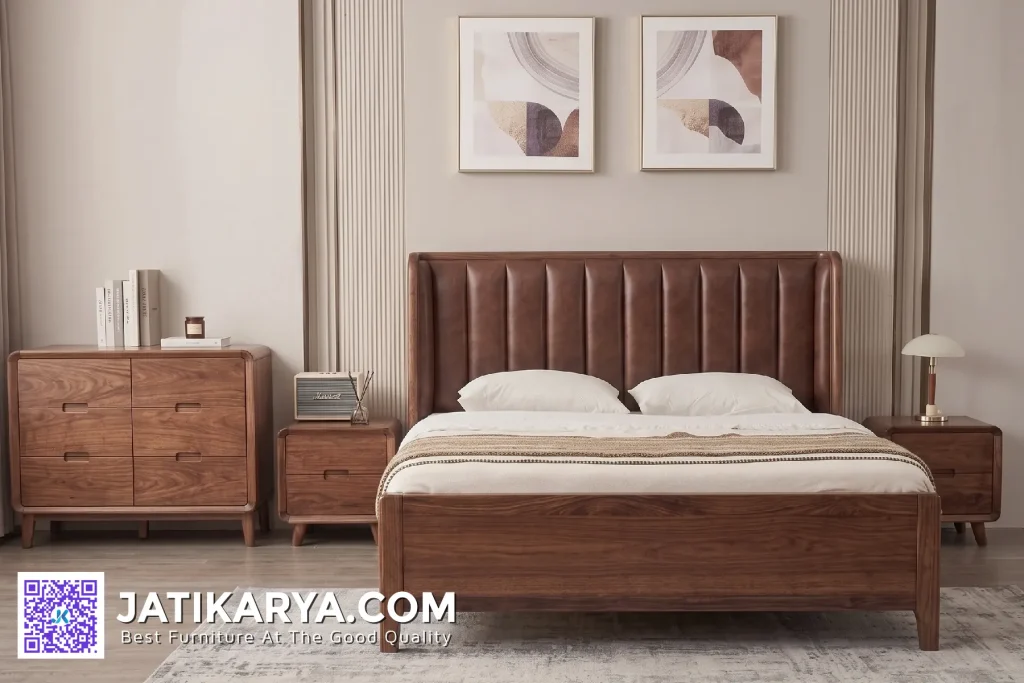 Dipan Kayu Jati Tempat Tidur Mewah Jok Kulit Asli with Nakas Laci Dressing Table