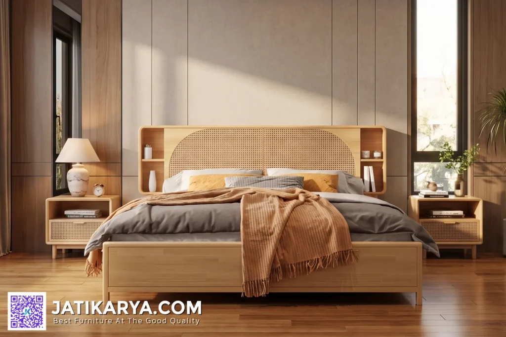Ranjang Tempat Tidur Minimalis Modern Kayu Jati Dengan Rotan