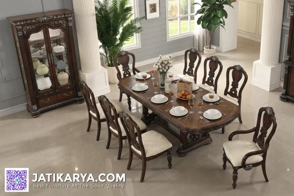 Set Meja Ruang Makan Mewah Jati Klasik Jepara