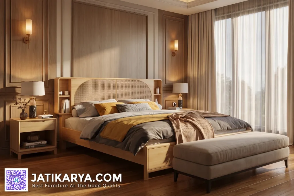 Set Tempat Tidur Minimalis Modern Kayu Jati Dengan Rotan