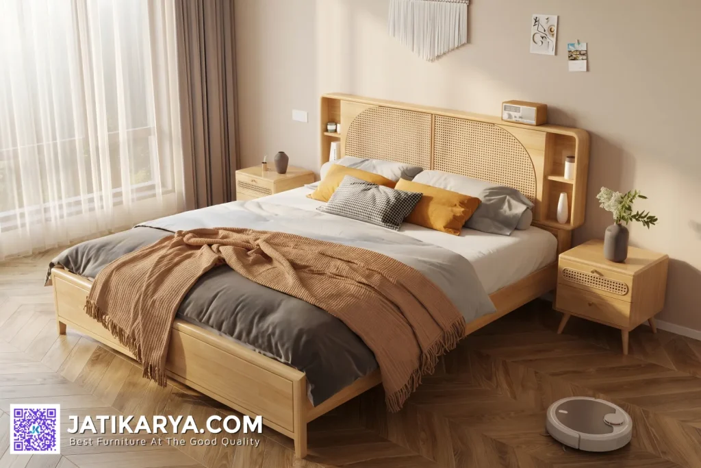 Tempat Tidur Minimalis Modern Kayu Jati Dengan Rotan